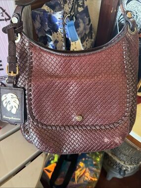 Tommy Bahama Burgundy Woven Leather Shoulder Bag